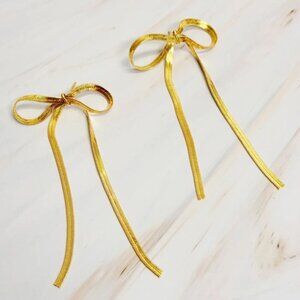 Gold Bow Earrings Long Tassels Bow Knot Bow Drop Earrings Elegant Gold Drop